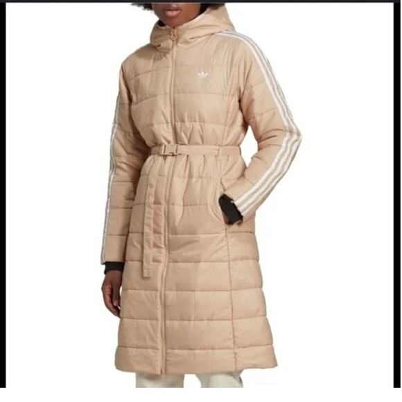 adidas Jackets & Blazers - Adidas Tan Logo Embroidered Belted Quilted Lightweight Coat Jacket Size XS